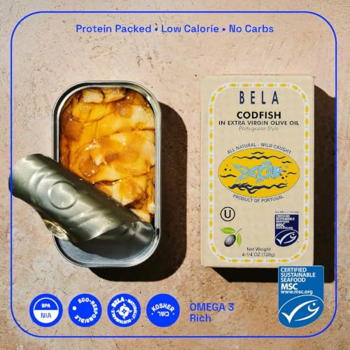 Image of BELA Wild Caught Portuguese Style Codfish - Canned Cod In Extra Virgin Olive Oil | 4.25 Oz (Pack of 6) | All Natural, High Protein, Hand Selected, Sea Salted, & Omega 3 Rich