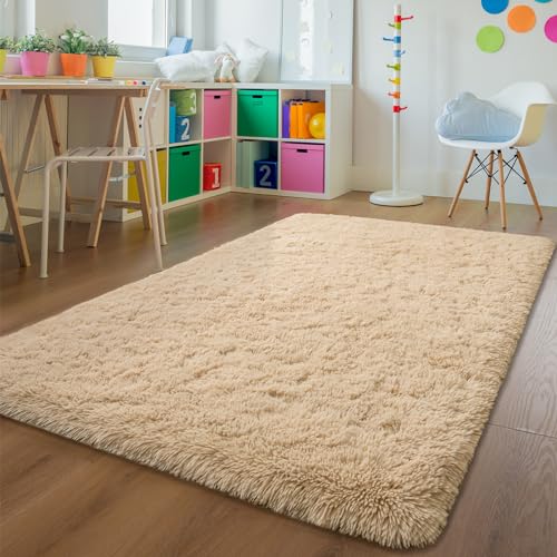Andecor Soft Fluffy Bedroom Rugs, 4 x 6 Feet Indoor Shaggy Plush Area Rug for Boys Girls Kids Baby College Dorm Living Room Home Decor Floor Carpet, Camel
