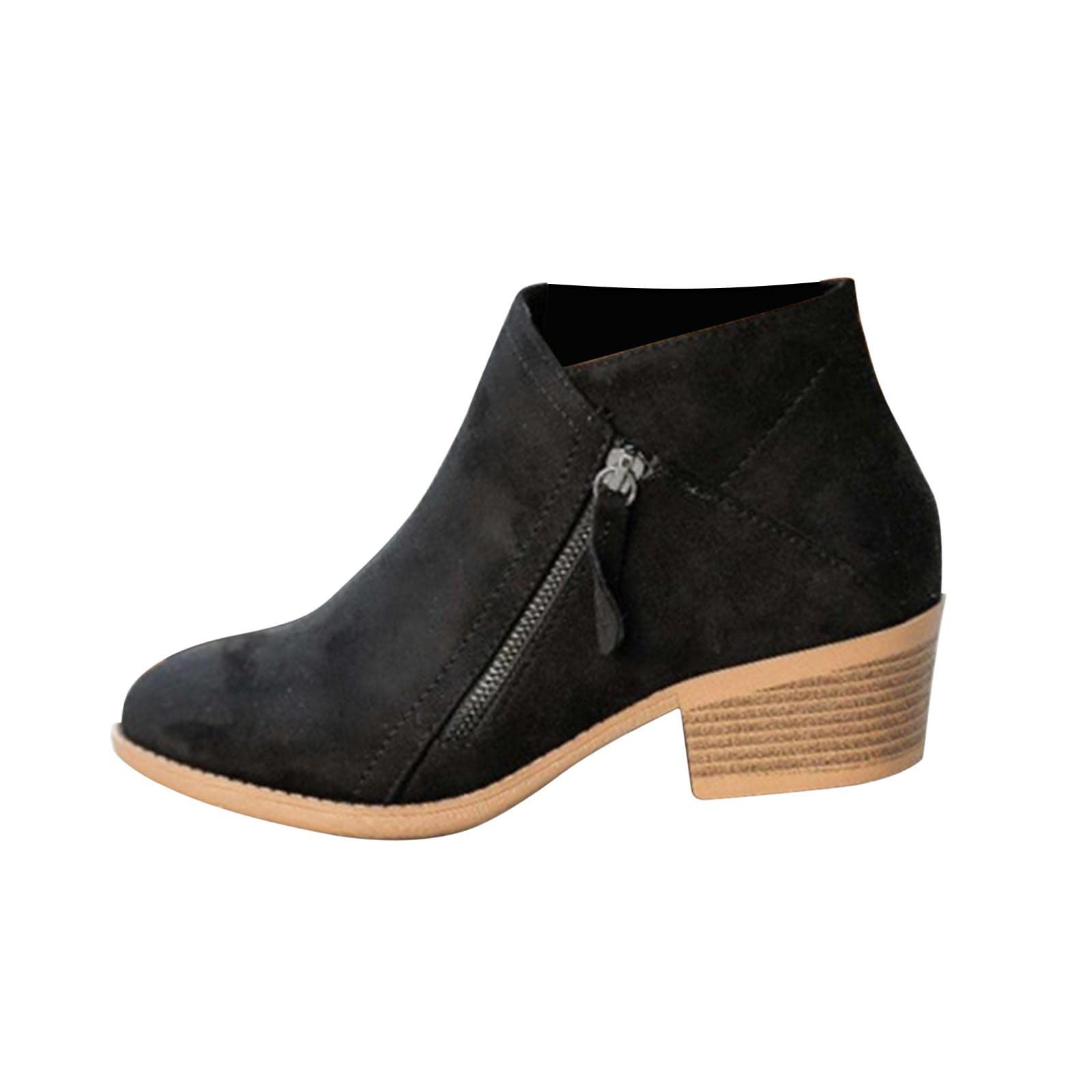 Ctreela Womens Stacked Heels Western Boots Trendy Closed Toe Ankle Boot with Zipper Slip on Low Heel Dress
