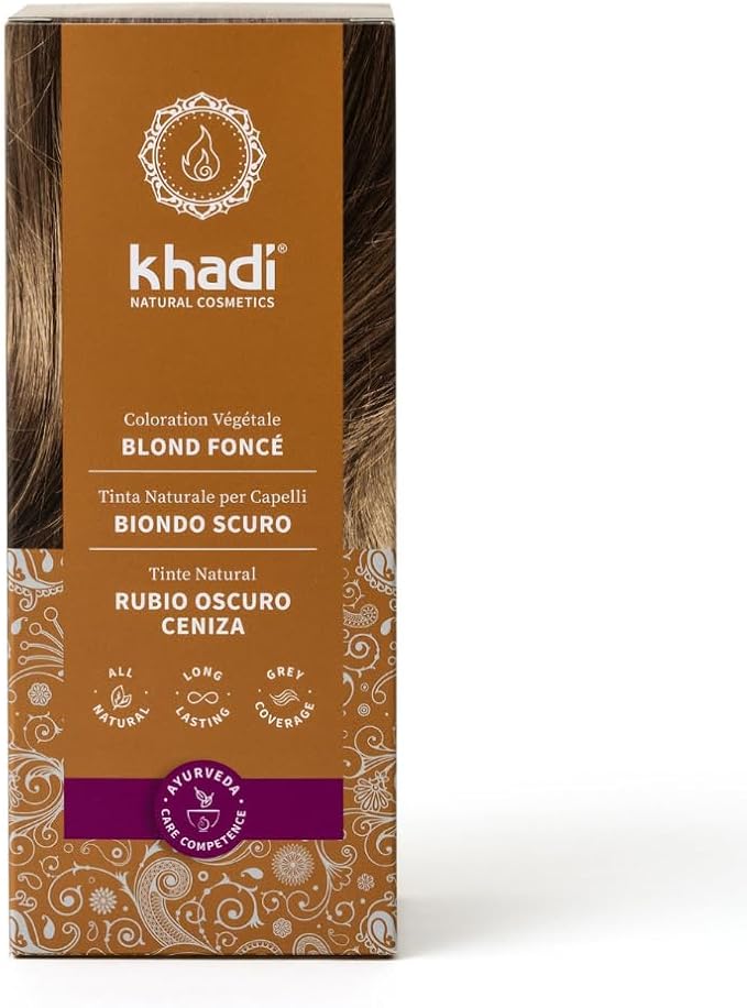 khadi RUBIO OSCURO CENIZA Tinte vegetal para el cabello - tinte para cabellos rubios ceniza mate medio hasta rubios oscuros intensos - 100% vegetal y natural - 100 g