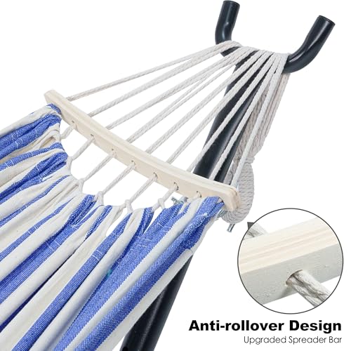 Image of GAFETE Double Hammocks with Stand for Outside, Max 600lbs, (Blue & White) | Upgraded Spreader Bar, 9FT Heavy Duty & Space Saving Stand, Easy Assemble, Convenient Side Pocket, Indoor & Outdoor, Patio