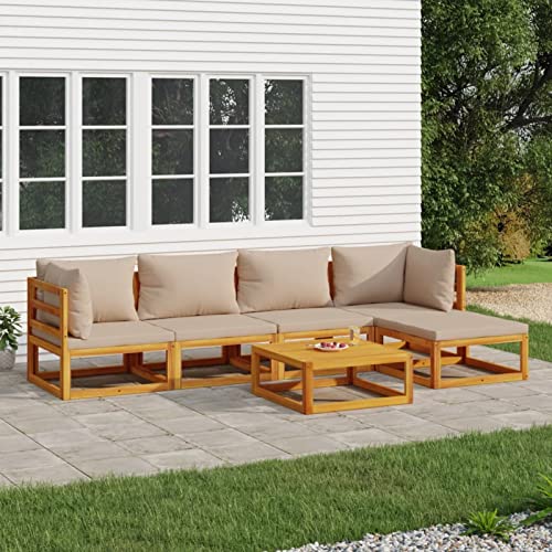 Homgoday Juego de 6 muebles de jardín con cojines de color topo y muebles de jardín, muebles de balcón, sofá de jardín, sofá de esquina, para jardín, balcón, madera maciza