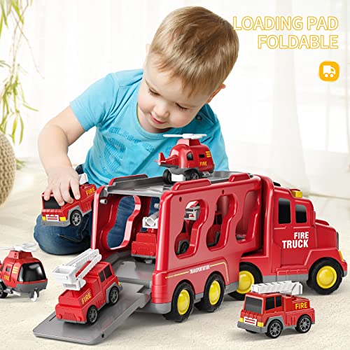 image for TEMI Fire Toys for 3 4 5 6 Years Old Boys Girls - 5 in 1 Carrier Truck