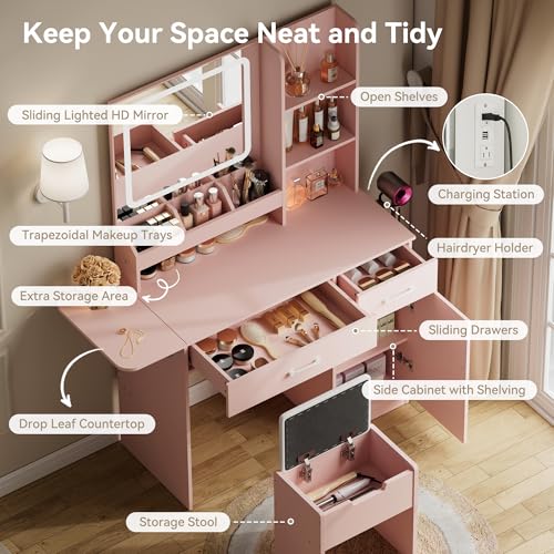 Dowinx Vanity Desk with Mirror and Lights, Power Outlet Makeup Vanity Table with 3 Drawers and 7 Shelves Dressing Table with Storage Stool for Girls Bedroom Dressing Room, Pink