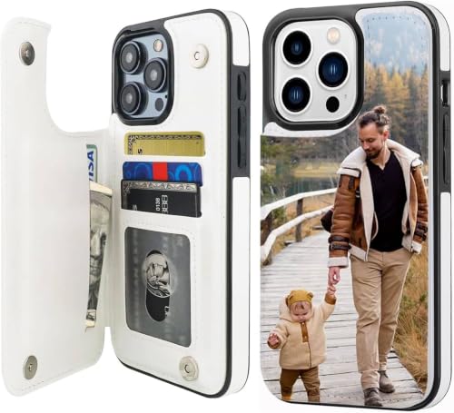 SISFIFWOW Custom Phone Case for iPhone 11 12 13 14 15 16 17 Pro Max Wallet Case with Card Holder, Personalized Picture PU Leather Double Magnetic Buttons Flip Case White