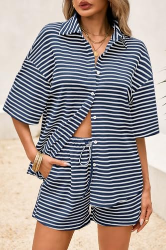 Image of Tankaneo Womens Striped 2 Piece Sets Short Sleeve Lounge Set | Button Down, Waffle Knit, Pajama Lounge Set, Summer Outfits