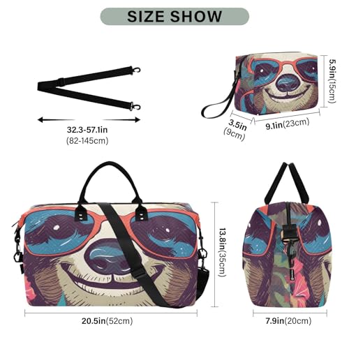 Large Travel Duffel Bag, Happy Sloth Glasses Sports Tote Gym Bag, Shoulder Weekender Overnight Bag for Women Men, Carry On Luggage with Toiletry Bags3