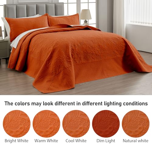 Image of Qucover Alaska King Bedspread 132x 120, Burnt Orange Oversized King Bedspread, 3 Piece Soft Microfiber Lightweight Oversized King Quilts Extra Width, Quilting Paisley Pattern, Orange