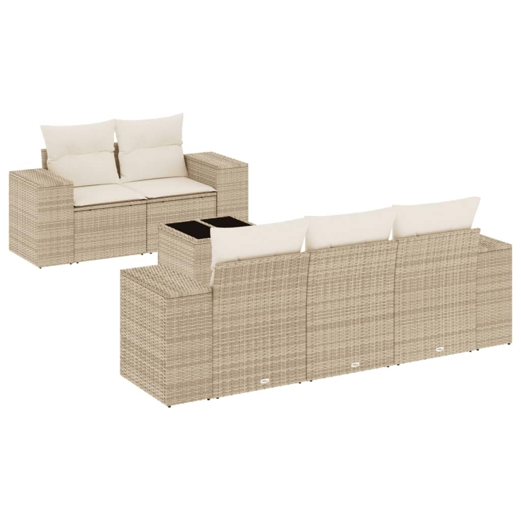 Set Divano da Giardino 6 Pezzi in Polyrattan Beige con Tavolo | Salotto modulare per terrazzo e patio con cuscini sfoderabili e piano in vetro temprato facile da pulire.