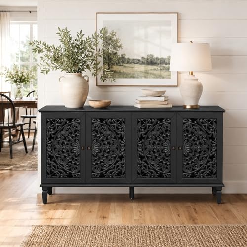 Image of Black Buffet Cabinet with Carved Doors, Black Accent Cabinet, Sideboard Buffet Cabinet with Storage Shelves, Vintage Cabinet for Dining Room, Living Room & Entryway