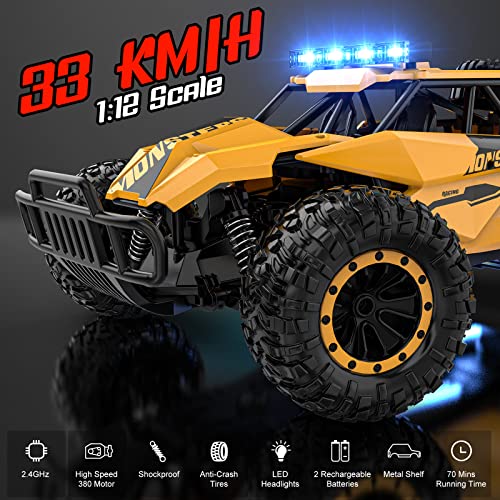 Bluejay Remote Control Car - 2.4Ghz High Speed 33Km/H Rc Cars Toys, 1:12 Rc Monster Trucks Offroad Hobby Rc Truck Toys With Led Headlight And Rechargeable Battery Gift For Adults Boys 8-12 Kids #TOP1