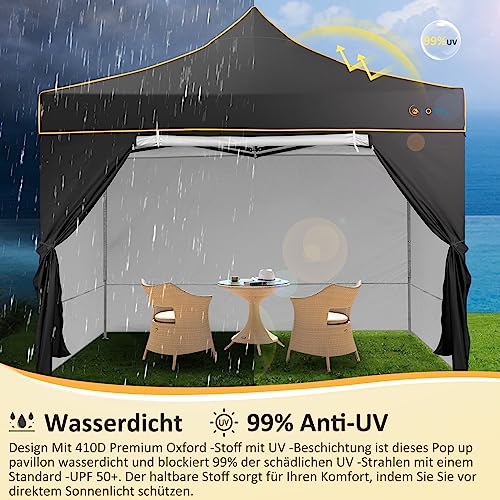 Image of HOTEEL 3x3 Folding Gazebo Waterproof Stable 3x3 with 4 Side Parts, UV Protection 50 + Folding Gazebo for Party, Camping, Beach, Black