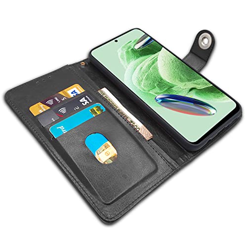 Image of Pikkme Poco X5 5G / Redmi Note 12 5G Flip Cover Leather Finish | Inside TPU with Card Pockets | Wallet Stand and Shock Proof | Complete Protection Button Flip Case (Black)