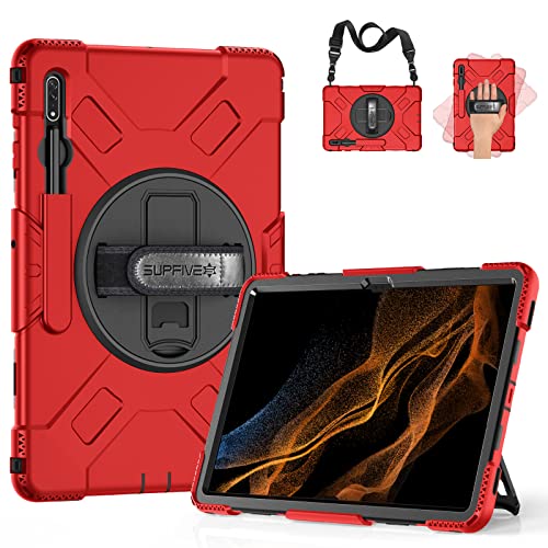Supfives Case For Galaxy Tab S8 Ultra 2022 : Military Grade Heavy Duty Silicone Protective Cover For Tablet S8 Ultra 14.6 Inch W/S-Pen Holder + Rotating Stand + Handle + Shoulder Strap - Red #TOP23