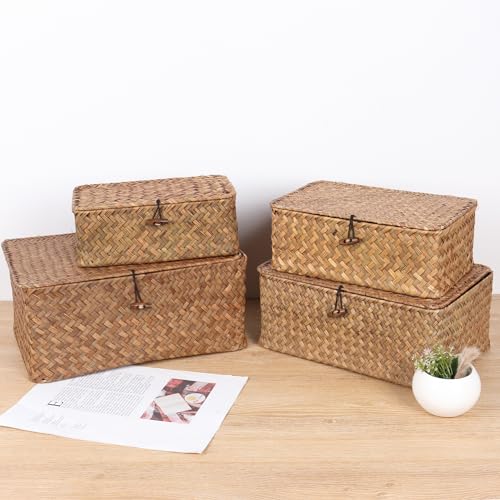 Panier rectangulaire osier tissé à la main boîte de rangement premium avec couvercle - 3