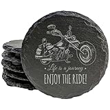 Coast in Style: Rustic Slate Coasters with Motorcycle Design - Round Slate - Set of 4