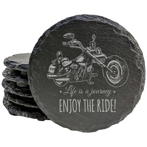 Coast in Style: Rustic Slate Coasters with Motorcycle Design - Round Slate - Set of 4