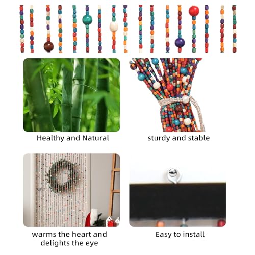 YCBTREE Beaded Curtain for Doorways - Colorful Boho Bamboo Handmade Hanging Wooden Door Beads, Fly Screen, 90 x 190 cm - Image 7