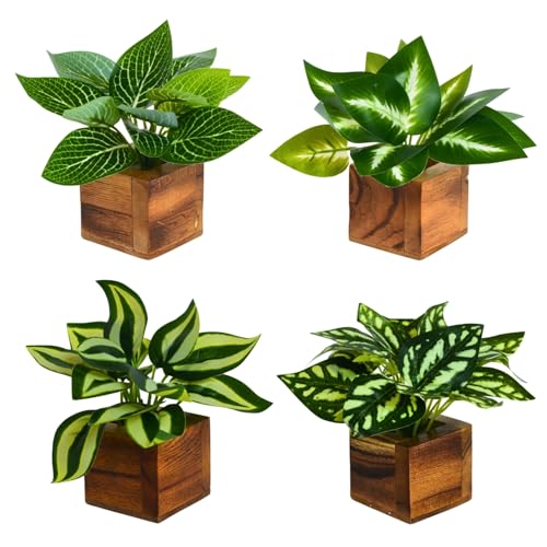 Image of DecoreBugs Artificial Leaves Potted Plants in Wooden Pot (4 Pack) Money Plant | Small Plants for Home Decor | Office Decor