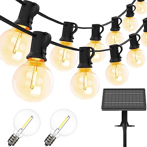 Yuucio Catena di luci a energia solare per esterno, 30 m, impermeabile, IP45, 50 + 2 lampadine in plastica, 2700 K, bianco caldo, giardino, terrazza, alberi, feste