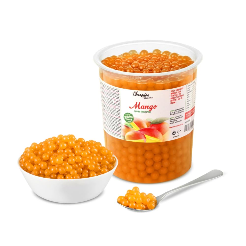 Mango INSPIRE FOOD Popping Boba Pearls for Bubble Tea | 2 lb Tubs | 100% Vegan & Gluten Free Bursting Pearls | Lower Sugar & Real Fruit Juice for Teas, Shakes, Dessert, Smoothies