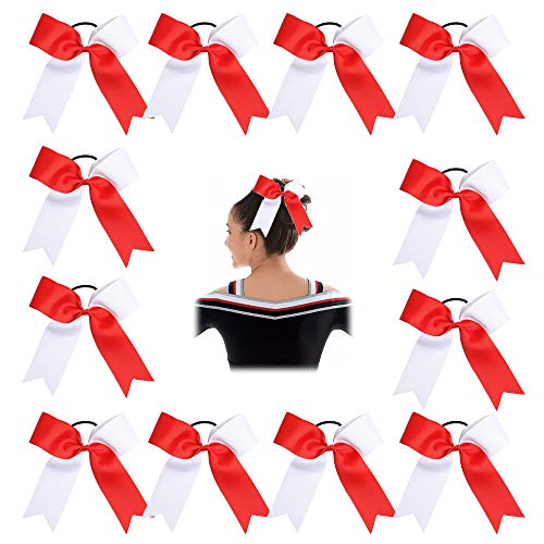 Oaoleer 12pcs 7inch Large Cheer Hair Bows for Cheerleading Teen Girls High School College Sports (Red/White)