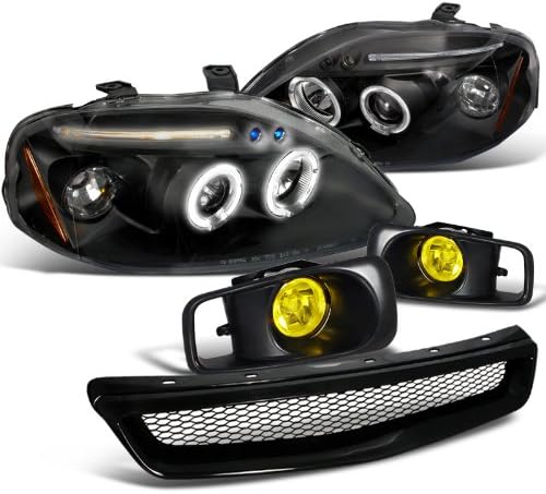 Spec-D Tuning Head Light + Yellow Fog + Mesh Grille Abs for 1999-2000 Honda Civic