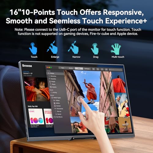 Image of 16 inch Touchscreen Portable Monitor,1920x1200P IPS Travel Secondary Screen,USB-C HDMI Plug&Play w /Foldable Stand,Dual Extender for Laptop Mac Phone Switch PS5 Xbox Office Gaming
