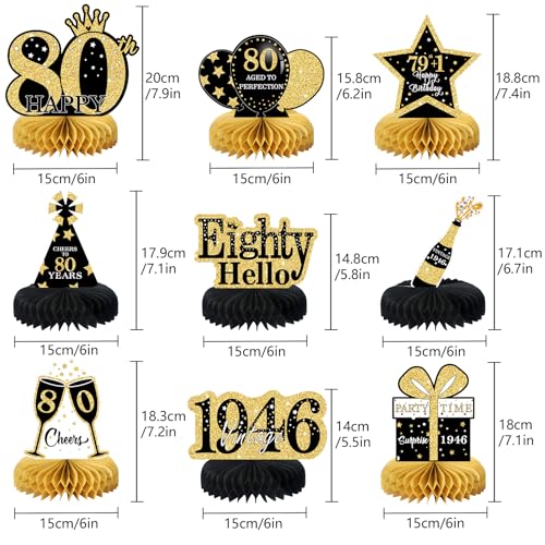Image of 9Pcs 80th Birthday Decorations Honeycomb Centerpieces for Men Women, Black Gold Happy 80th Birthday Centerpieces Tables Toppers Party Decorations Supplies,Vintage 1946 Aged Table Sign Decor