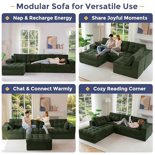 Image of MAXYOYO 132 inch L Shaped Modular Sectional Sofa with Ottoman, Cloud Boneless Couch with Layered Cushion, Upholstered Sofa in a Box, Flexible Module Combination for Living Room, No Assembly, Dark Green