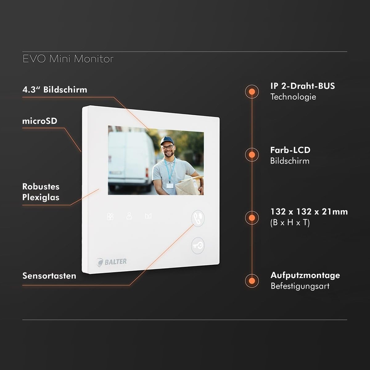 Balter EVO Mini 4.3" Monitor für Video Türsprechanlage mit Kamera und Klingel, 2-Draht Kompakt Zusatzmonitor Weiß mit LCD Farb-Display und Interkom Funktion für Video Türklingel
