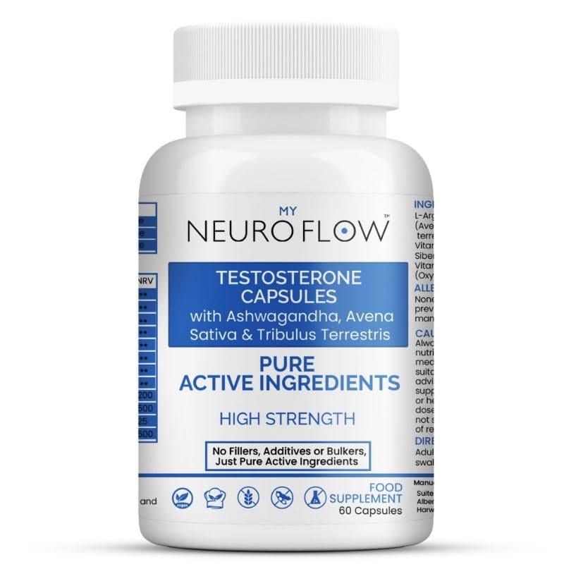 Testosterone Supplements for Men | No fillers, Additives or Bulkers, Pure Active Ingredients | Neuro Flow Powerful Testosterone Booster with Avena Sativa & Tribulus Terrestris | 60 Cap | Made in UK