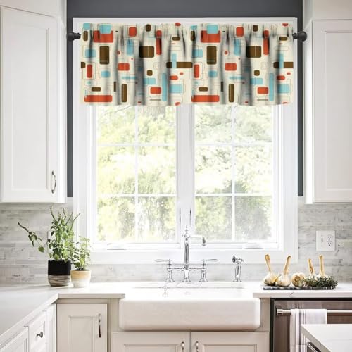 Image of Retro Abstract Geometric Window Valance Curtain, Vintage Shapes Mid Century Colorful Boho Style Window Treatment Valances for Kitchen Living Room Cafe Decor 54'x18', 1 Panel