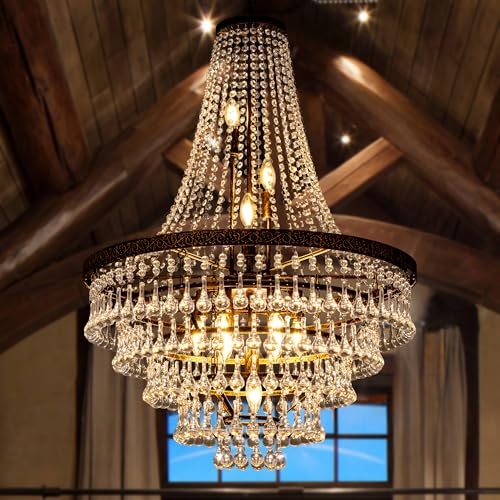 Wellmet French Empire Crystal Chandeliers, Antique Bronze Chandeliers 10 Lights, Rustic Farmhouse Chandelier High Ceiling Light Fixture for Entryway,