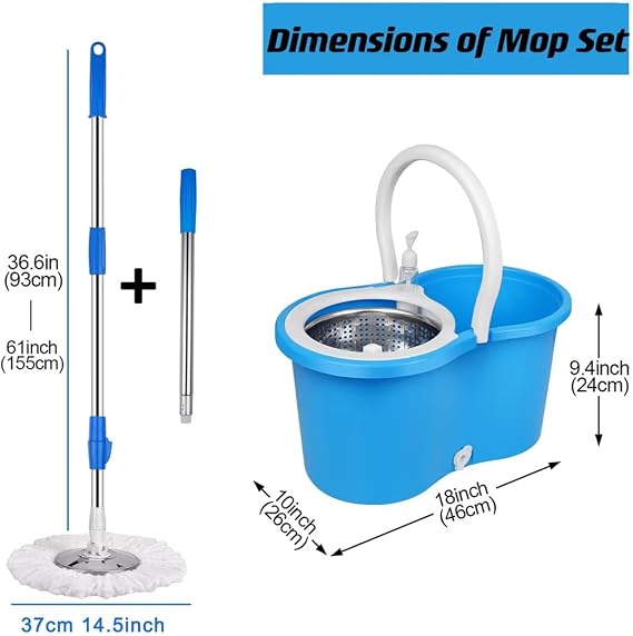 Spin Mop and Bucket with Wringer Set, 360 Mop and Bucket Set for Floor Cleaning, Stainless Steel 61 Adjustable Extended Handle with 3 Microfiber Mop Refills, Blue