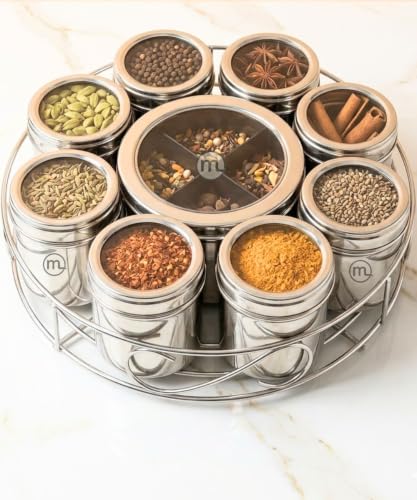 Image of Mishaa Steel Multipurpose Storage Containers - Perfect Organizer for Masala Spices, Herbs, Mouth Freshner, Dry Fruits, 130ml Each Airtight Containers with See-Through Lid (12IN1 WIRESTAND)