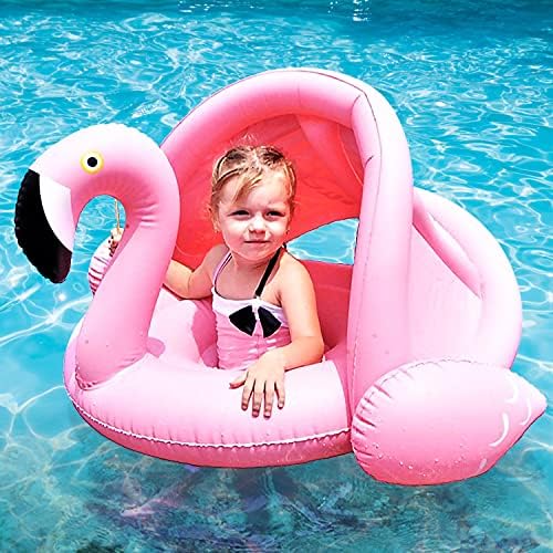 Anectria Baby Pool Float, Baby Swimming Water Pool Float with Sun Canopy, Infant Inflatable Swimming Ring with Swimming Boat Pool Seat for 6-36 Months Kids Boys Girls, Pink Flamingo (Pink)