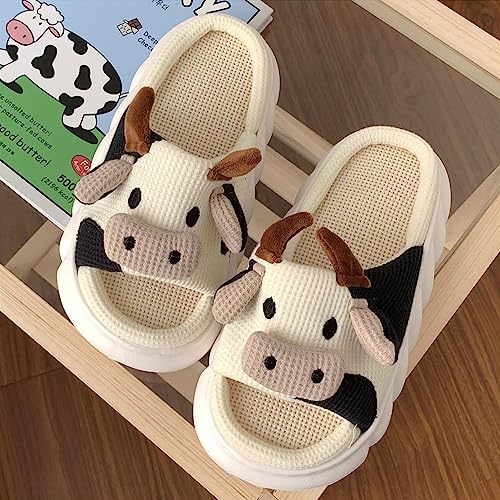 Xehuro Kawaii Slippers for Women Kawaii House Slippers Cute Slippers for Women Indoor Mute Linen Slippers for Winter Autumn Cushion Slides for Women Cow3