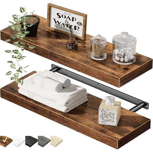 QEEIG Bathroom Floating Shelves for Wall - 15.7' Wall Mounted Shelf Over Toilet Farmhouse Home Decor Display Bookshelf Small 15.7 x 6.7 inch Set of 2, Rustic Brown (008-40BN)