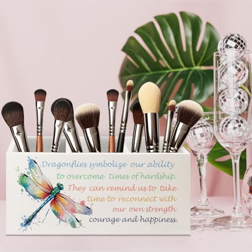 Image of Inspirational Dragonfly Wooden Pen Pencil Holder for Office Desk Accessories, Motivational Gifts for Women, Encouragement Gifts Makeup Brush Toothbrush Holder Organizer