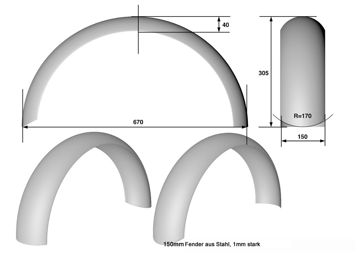 Universeller Heckfender aus Stahl, oberflächenverzinkt Breite: 150 mm Dicke: 1 mm ohne Bördelung