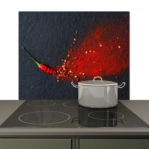 KitchenYeah© Spritzschutz Küchenrückwand Vinyl 60x52 cm Küche Wand Deko Küchenwand Rückwand, Ceranfeldabdeckung Pfeffer - Kräuter - Beton - Rot - Grau