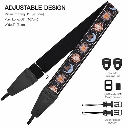 Image of Padwa Lifestyle Night Sun God Camera Strap - 2 inch Full Grain Leather Ends Camera Straps for Photographers, Vintage Embroidered Cotton Soft Suede Fabric Padded Strap Quick Release fits All Cameras