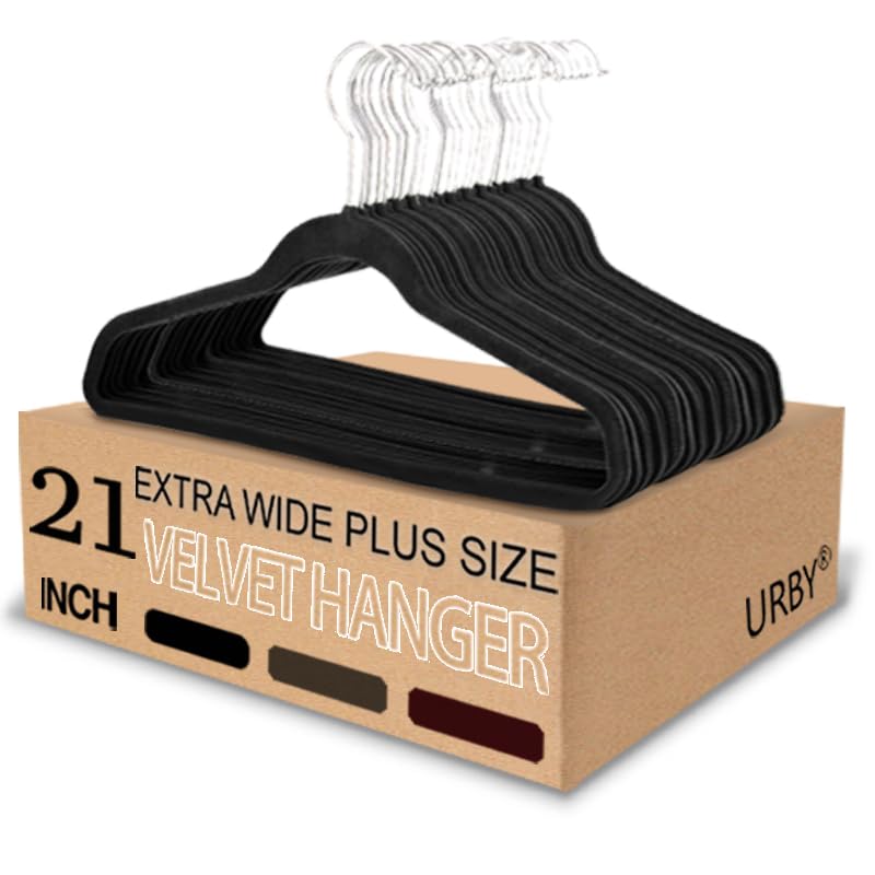 Urby Extra Wide Hangers for Plus Size Clothes, Ganchos para Colgar Ropa,21 Inch Super Plus Size Hangers Ideal for XL, XXL Shirts, Coats, Dresses, Etc. Velvet. Black. 24pk.