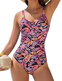 Nadeer Bañador Mujer Reductor Sexy Push up Traje de Baño de Una Pieza Nudo Torcido Cuello en V con Adornos Metálicos Swimsuit para Piscina y Playa(Rojo Flor,M)