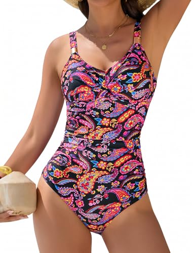 Nadeer Maillot de Bain Femme 1 Pieces Gainant Maillots Une Pièce Sexy Push Up Torsadé avec des Ornements Métalliques Swimsuit de Plage et Piscine(Rouge-Fleur,M)