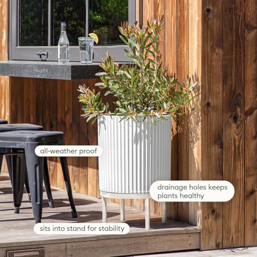Image of Veradek Demi Series Raised Planter - Round Planter with Stand | Made From a Durable Plastic-Stone Composite & Comes With Wooden Stand. Modern Porch /Patio Decor