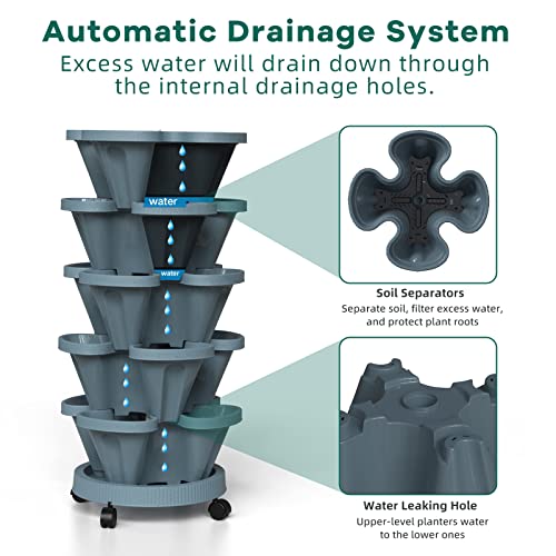 Tectsia Strawberry Vertical Planters Tower Garden, 5 Tiered Stacking Planter With Support Pole, Stackable Herb Vegetable Planters Indoor And Outdoor - Dark Grey #TOP5