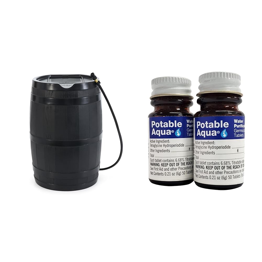 Photo 1 of **see notes**FCMP 45-Gallon Rain Barrel and 2 Bottles Potable Aqua 50ct Water Purification Tablets for Camping, Hiking, Travel Rain Barrel + Water Purification Tablets