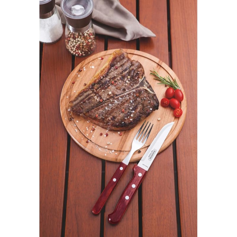 Tramontina Set Posate Bistecca 14 Pezzi: Coltelli E Forchette Con Manico Rosso Polywood, Chiodatura Tripla